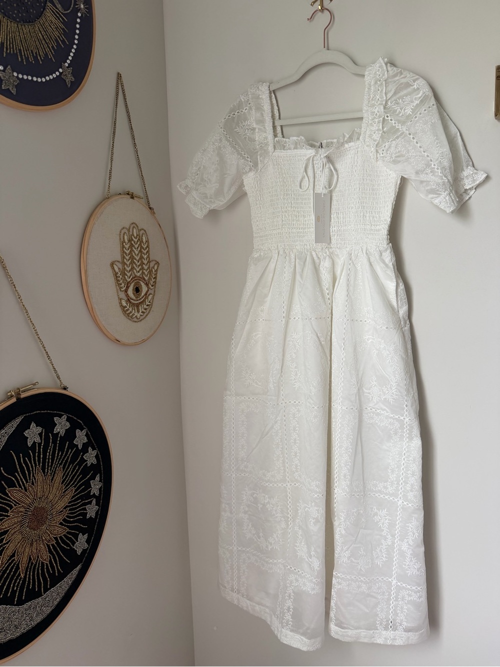 Caroline Constas White embroidered Midi Dress with Puff Sleeves